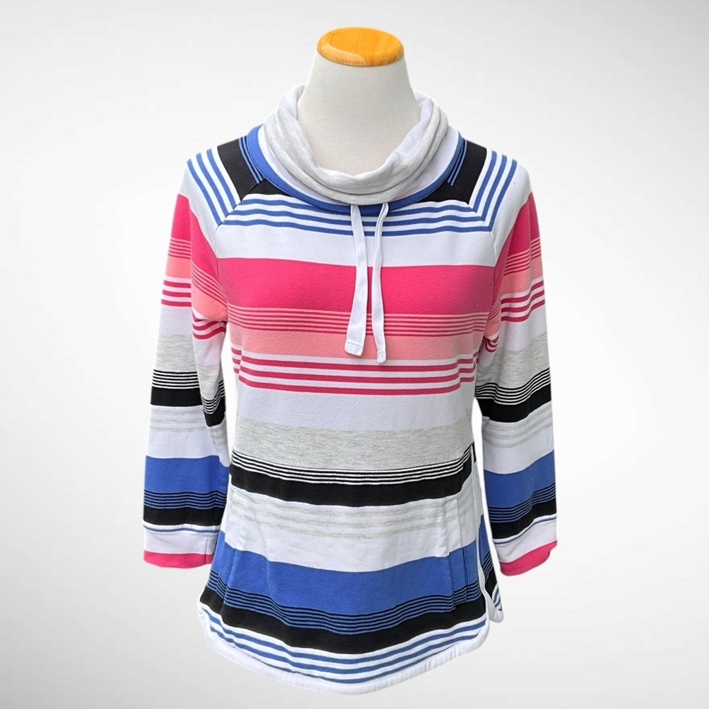 T by Talbots Striped Drawstring Funnelneck Pullover Top